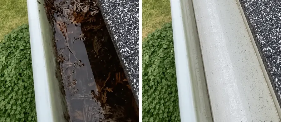 Bare, spotless aluminum trough after gutter cleaning — Jacksonville gutter services