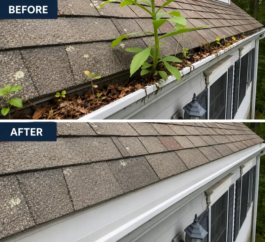 Corner gutter packed with compost before, spotless after — clogged gutter cleanup Jacksonville Florida