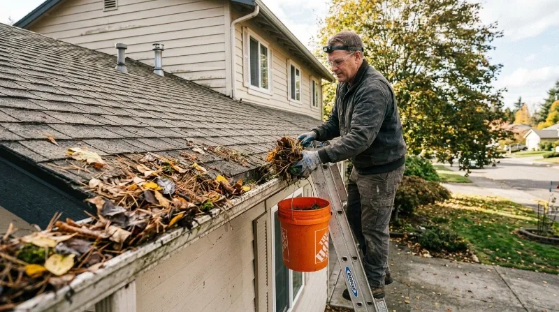 Gutter cleaning crew reviewing documentation with a Deerwood homeowner
