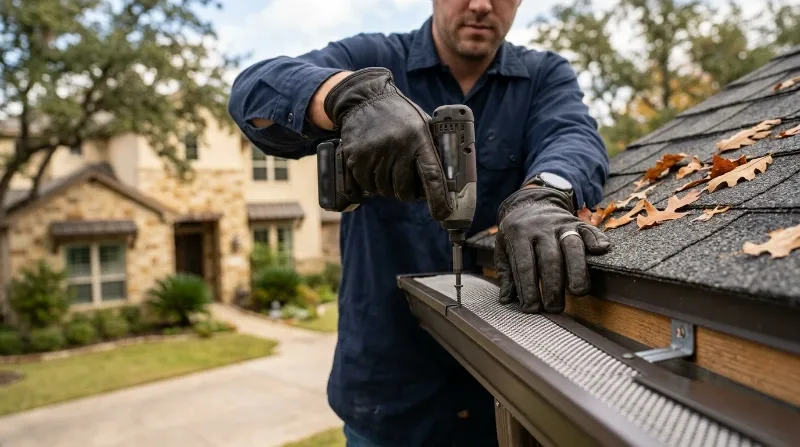 Two gutter cleaning crew members working the same home