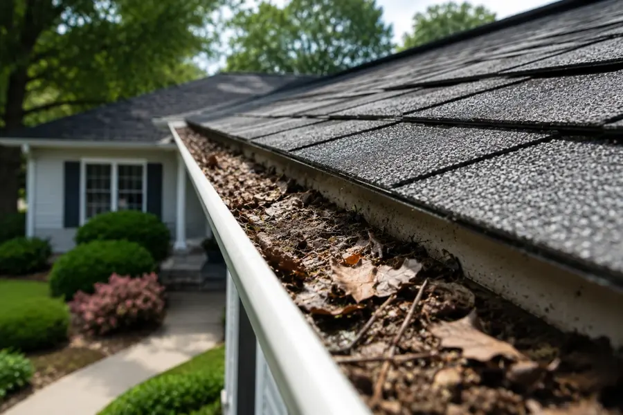 Clogged gutter packed with oak leaves and twigs before gutter cleaning in Jacksonville FL