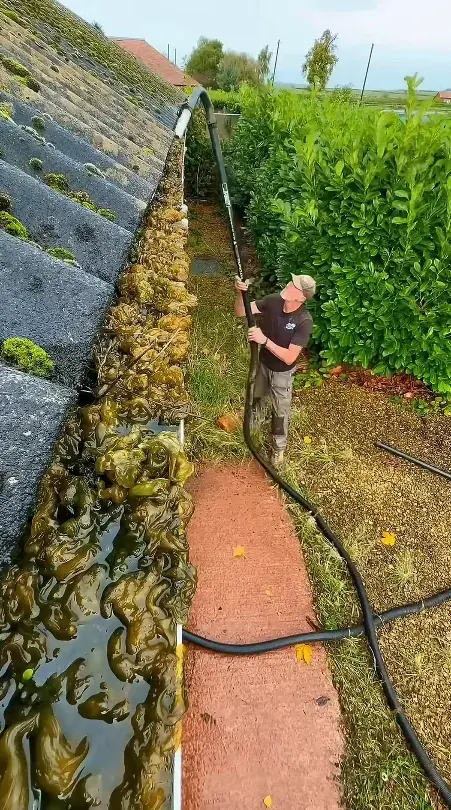 Storm debris jammed in a roof valley and gutter before gutter cleaning in Jacksonville FL