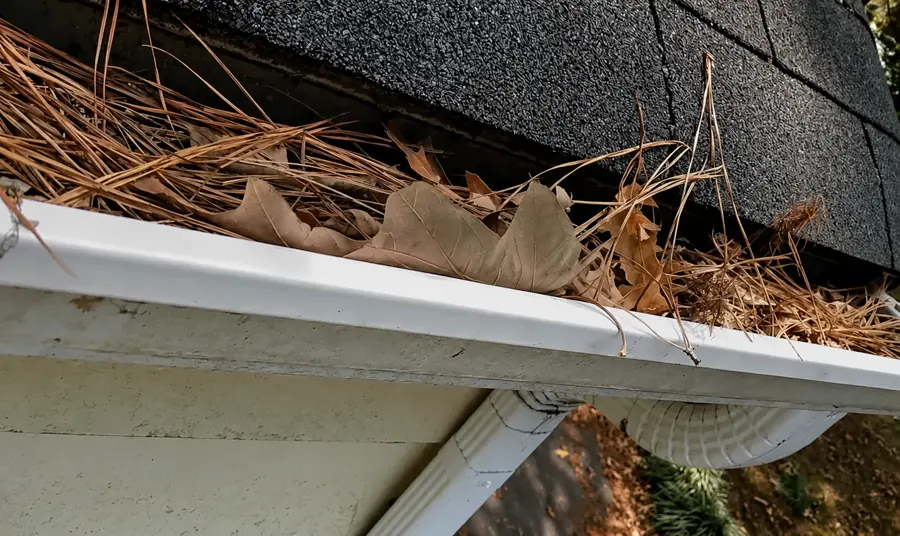 Technician walking a shingle ridge to inspect gutters during gutter cleaning in Jacksonville FL