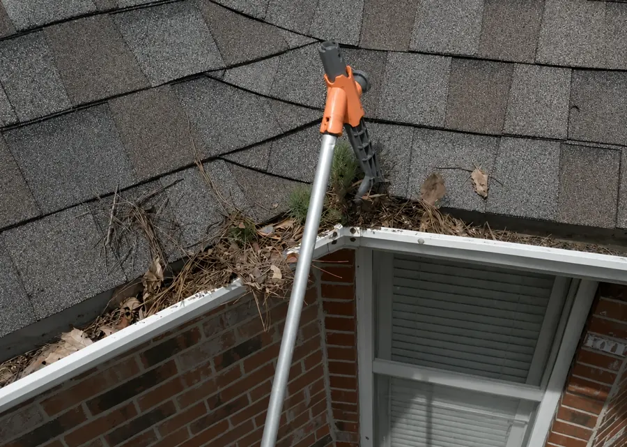 Cobwebs and sprouting seeds inside a neglected dark gutter before gutter cleaning in Jacksonville FL
