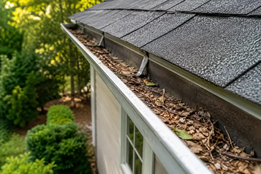 Long clogged gutter run on a two-story home before gutter cleaning in Jacksonville FL
