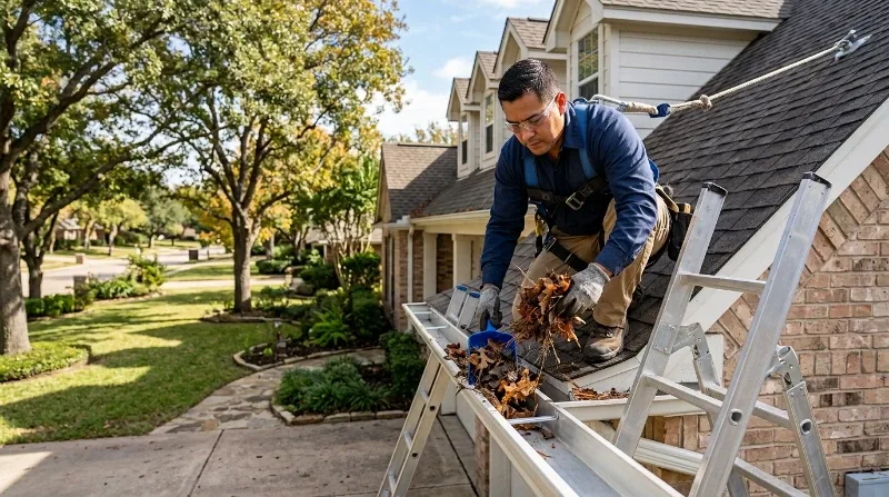 Gutter cleaning crew working a Northeast Florida home under oak canopy
