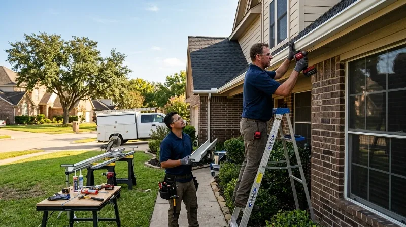 Gutter cleaning team with tools set up in the driveway