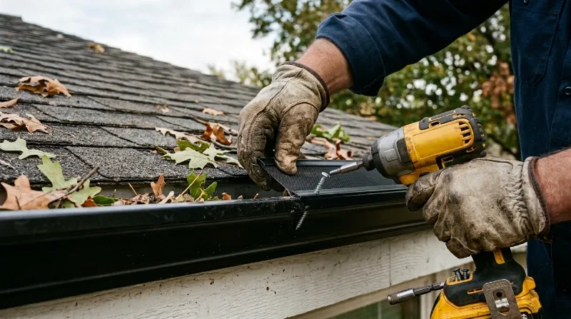 Gutter cleaning technician on a ladder at a brick home