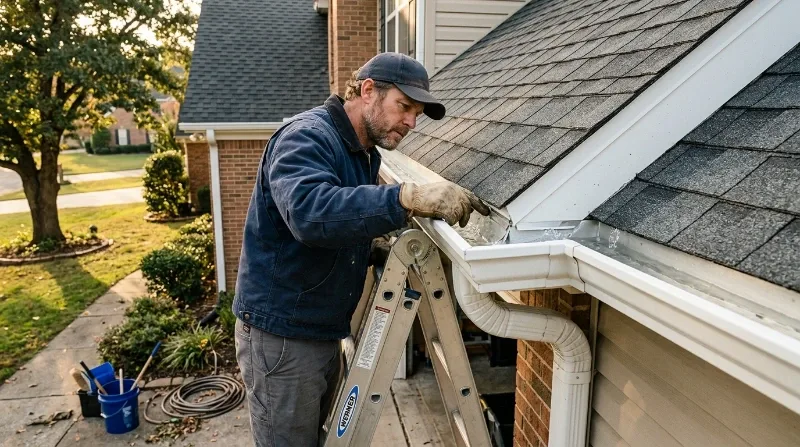 Gutter cleaning worker accessing the roofline of an Argyle Forest home