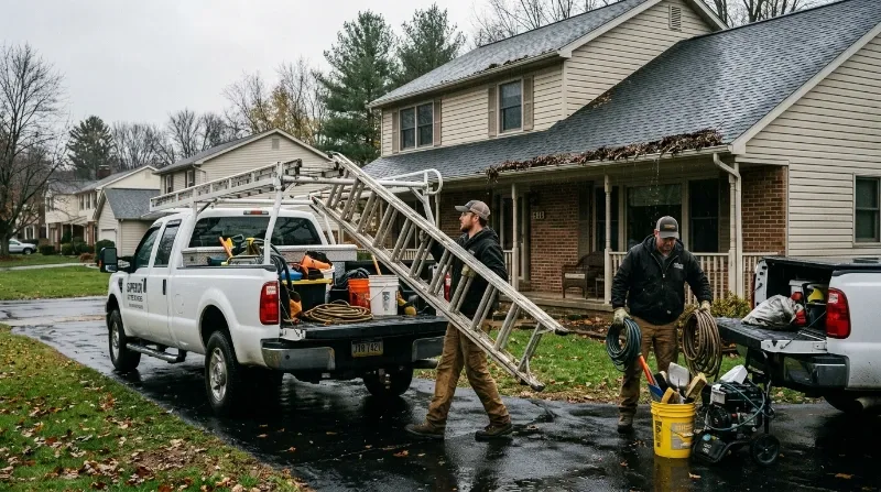 Gutter cleaner in a safety harness clearing leaves from a roofline