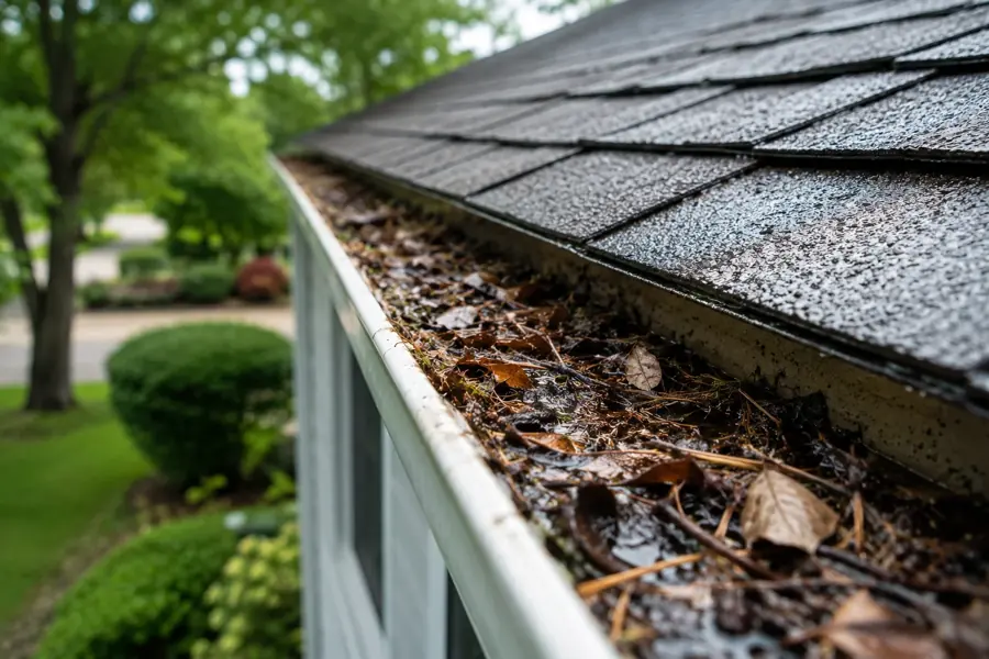 Wet leaf debris sitting in a shingled roofline gutter awaiting Jacksonville gutter cleaners