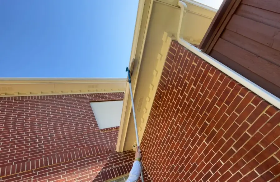 Gloved hand pulling rooted weeds out of a home gutter — Jacksonville gutter cleaning