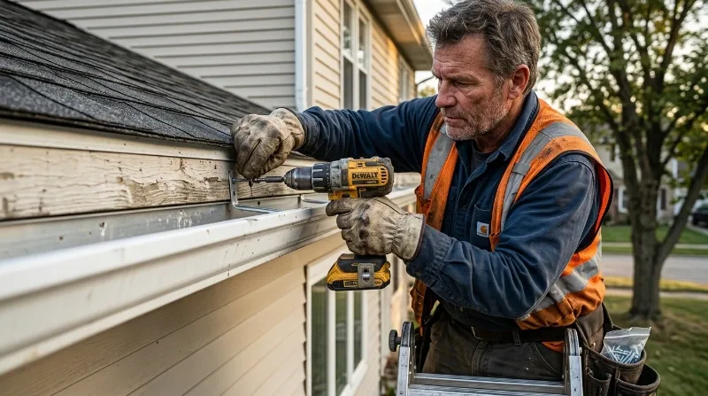 Professional gutter cleaner working a Deerwood estate roofline