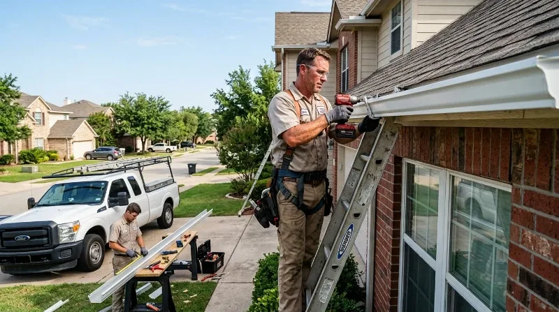 Professional gutter service crew setting up a ladder