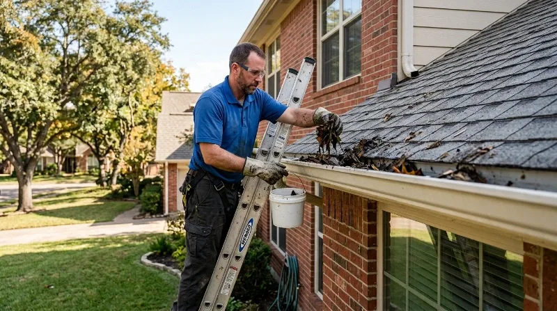 Technician clearing wet leaves from a gutter trough by hand