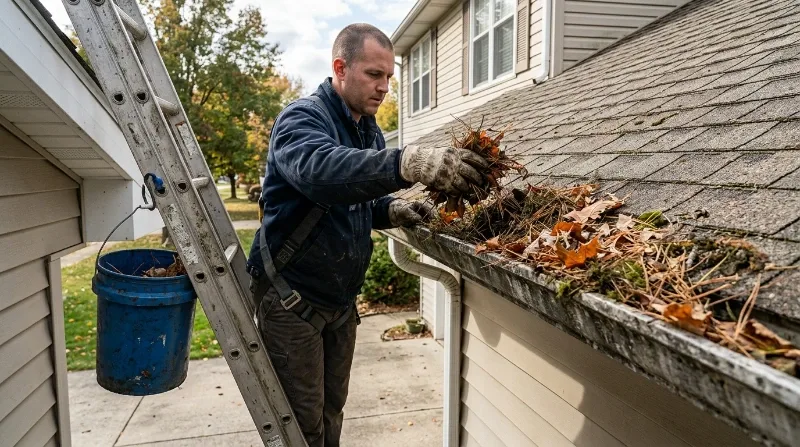 Technician removing gutter debris from a ladder
