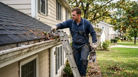 Technician scooping debris from a gutter while on a ladder
