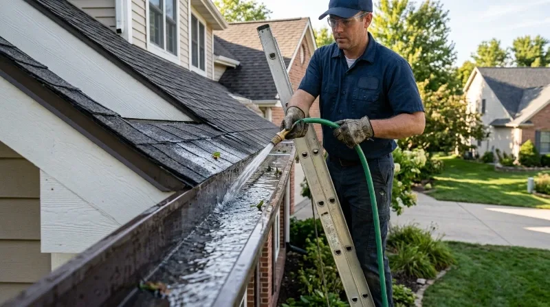 Worker inspecting a gutter seam on an older Jacksonville home